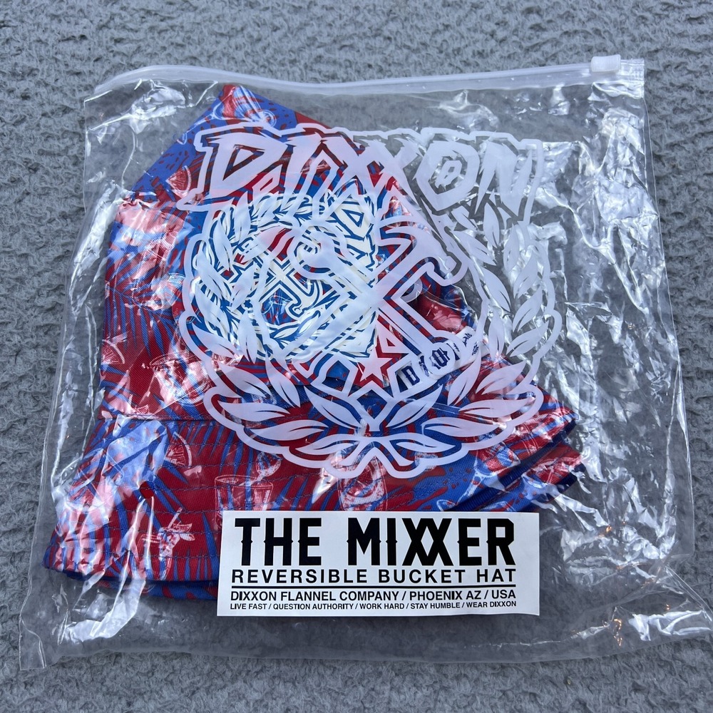New Dixxon Bucket Hat The Mixxer One Size Reversible Red Blue Palm‎ Leaf Party